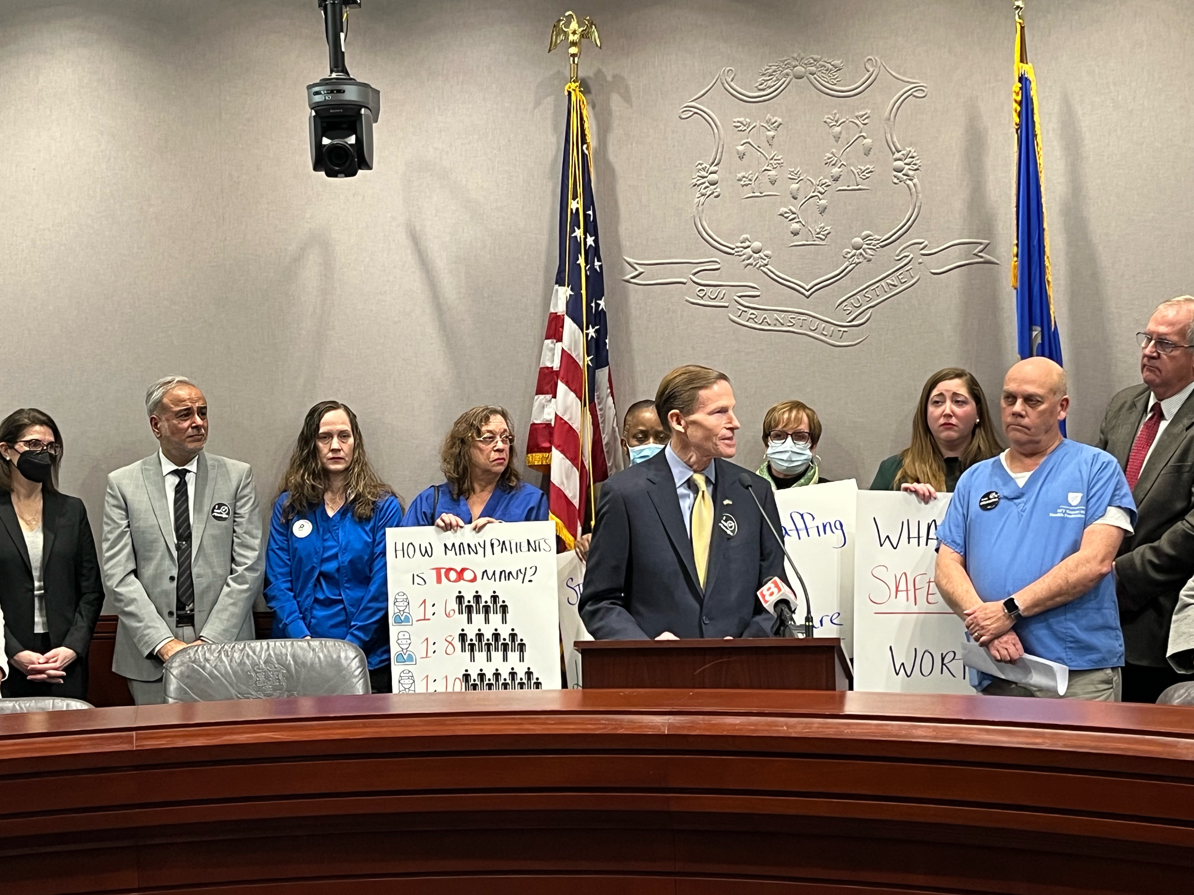 Blumenthal joined health care workers at a press conference to discuss the importance of safe staffing levels.
